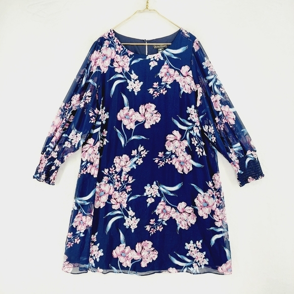 Jessica Howard Blue Pink Floral Long Smocked Sleeve Midi Dress P6933 - Picture 1 of 7
